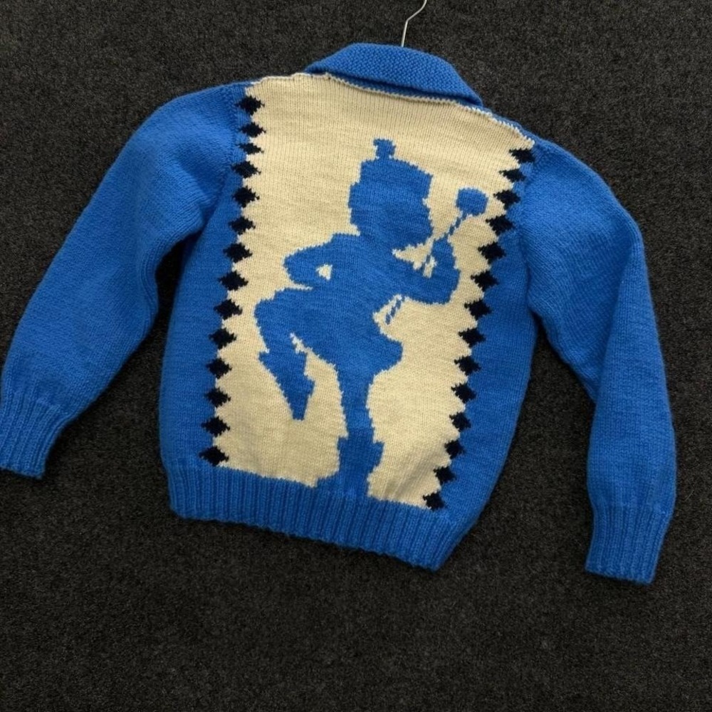 Vintage Blue Knit Zip Cowichan Sweater Kids Novelty Silhouette Circus Cardigan